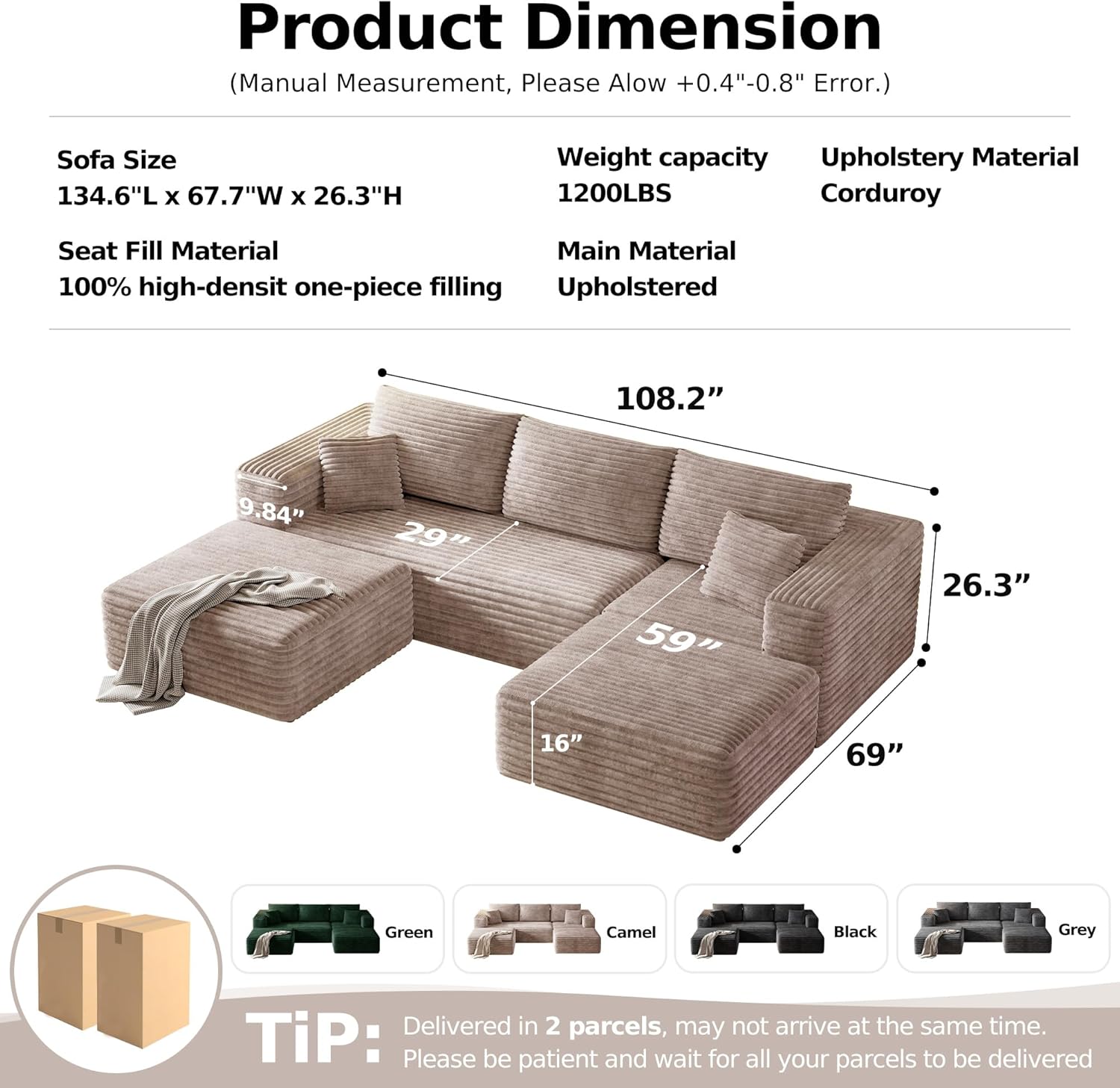 108.2" Modular Sectional Sofa with Deep Seat, Boneless U Shaped Corduroy Couch Modern Comfort, Cloud Couch Oversized for Living Room No Assembly (Camel)
