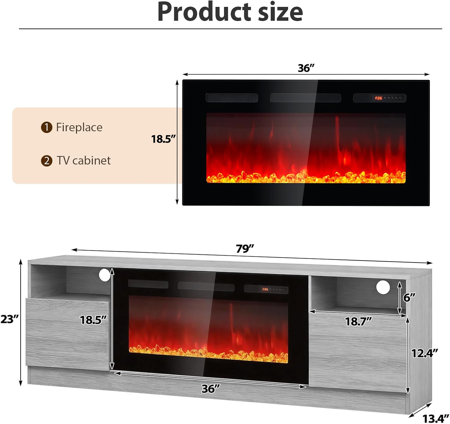 MXV Fireplace TV Stand with 36'' Electric Fireplace Up to 90" TVs, LED Light Entertainment Center, Modern Wood Texture Entertainment Stand with Highlight Storage Cabinet,Grey-Black