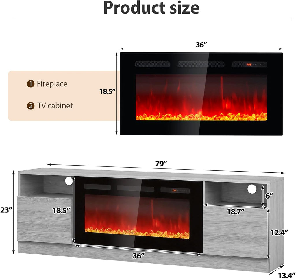 MXV Fireplace TV Stand with 36'' Electric Fireplace Up to 90" TVs, LED Light Entertainment Center, Modern Wood Texture Entertainment Stand with Highlight Storage Cabinet,Grey-Black