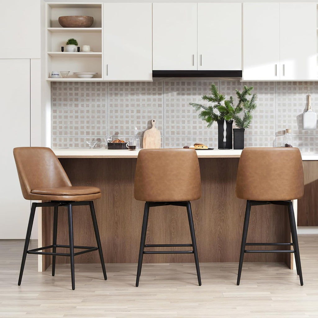 CHITA Swivel Bar Stools, 27.2" Counter Height Bar Stools Set of 3, FSC Certified Upholstered Modern Counter Stools, Metal Legs, Faux Leather, Saddle Brown