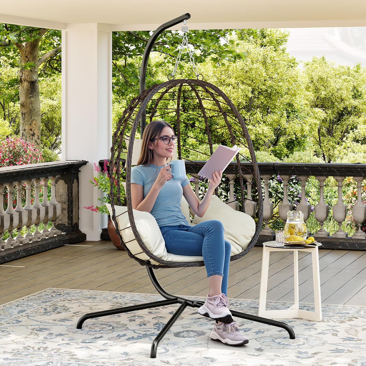 Egg Chair with Stand, Patio Wicker Bifanuo Hanging Chair, Hammock Swing Chair, 350LBS Capacity for Bedroom, Balcony, Garden(BR-BE)