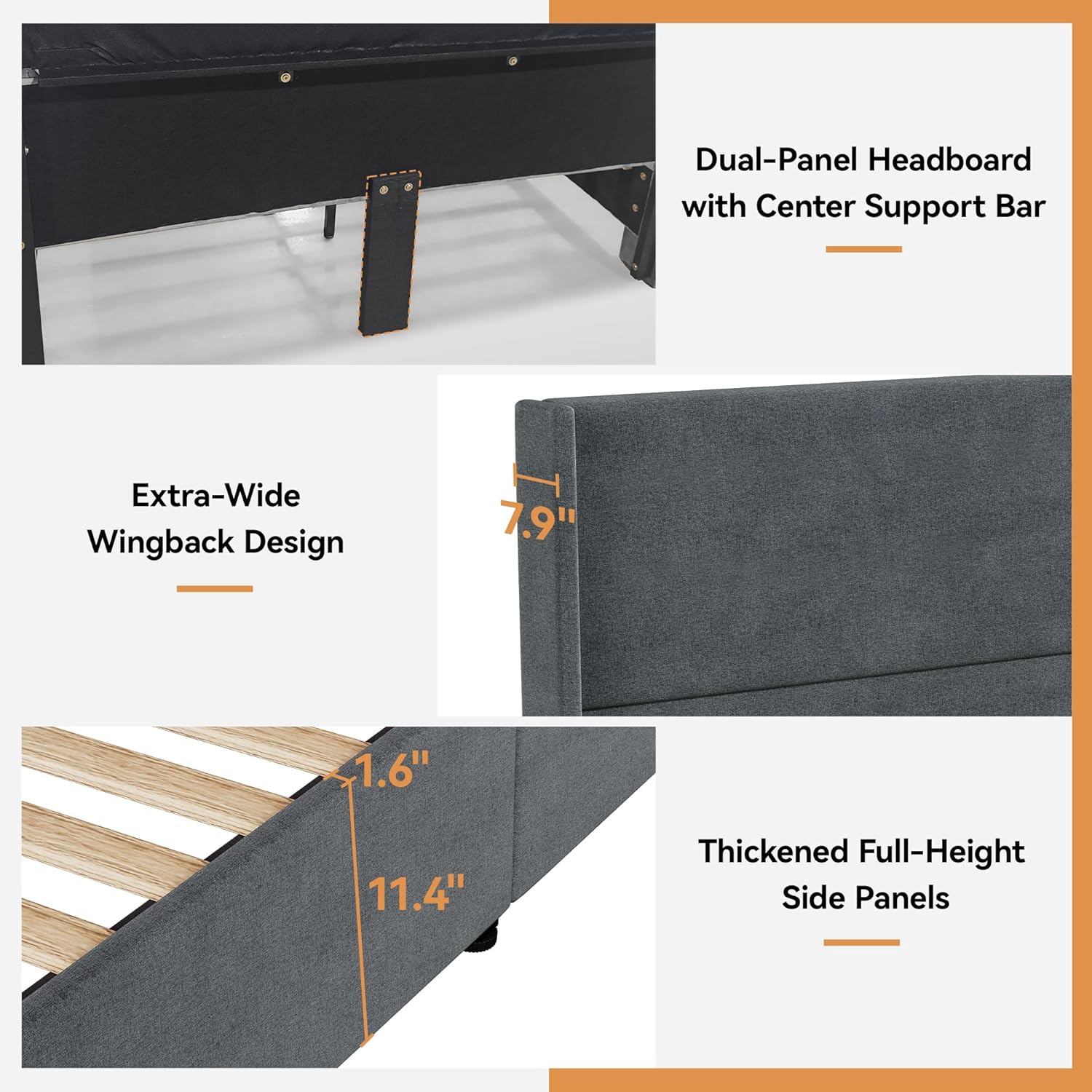 Queen Bed Frame, Upholstered Platform Bed with 55.5" Tall Wingback Headboard, Solid Wooden Slats, Noise-Free Mattress Foundation, No Box Spring Needed, Easy Assembly, Grey
