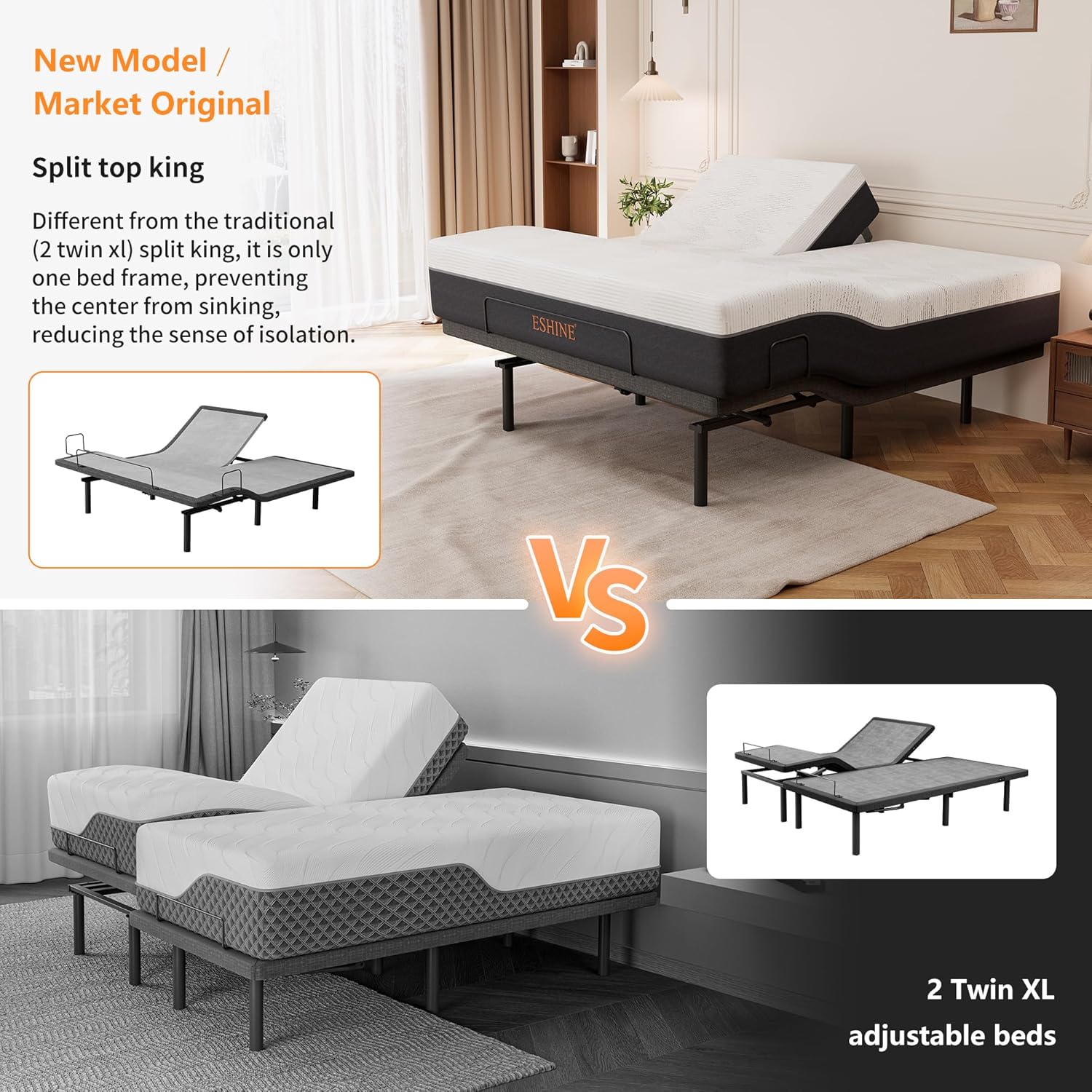 ESHINE Split Top King Adjustable Bed Frame with 14" Gel Memory Foam Mattress, Graphene Cover - Electric Upholstered Base, Massage Function, Wireless Remote, USB Ports, Under Bed Light, Grey