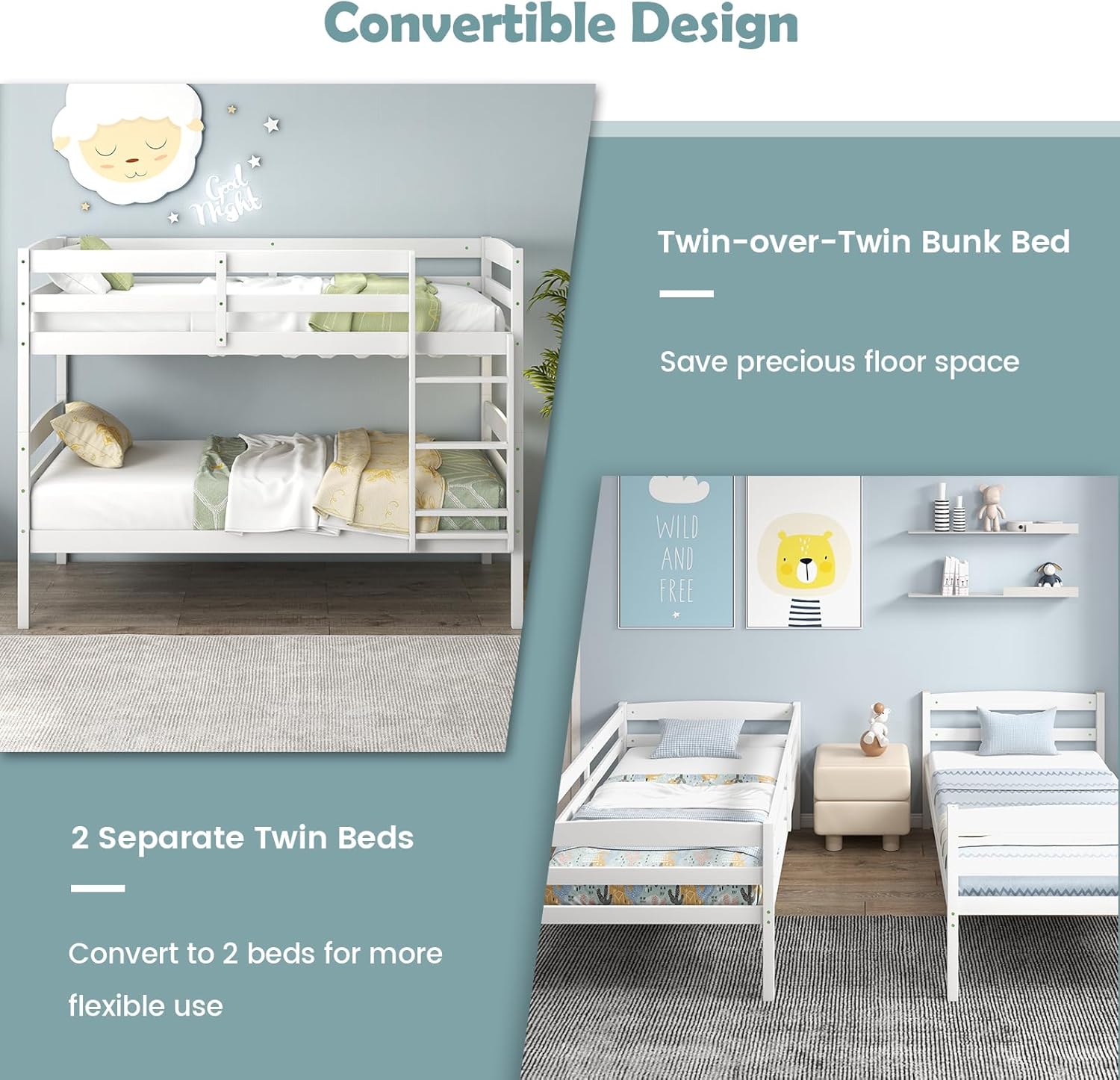 KOMFOTT Bunk Bed Twin Over Twin, Bunk Bed Frame w/Full-Length Guardrail & Integrated Ladder, Wood Bunk Bed for Small Space, Converts to 2 Individual Beds for Kids & Adults, No Box Spring Needed