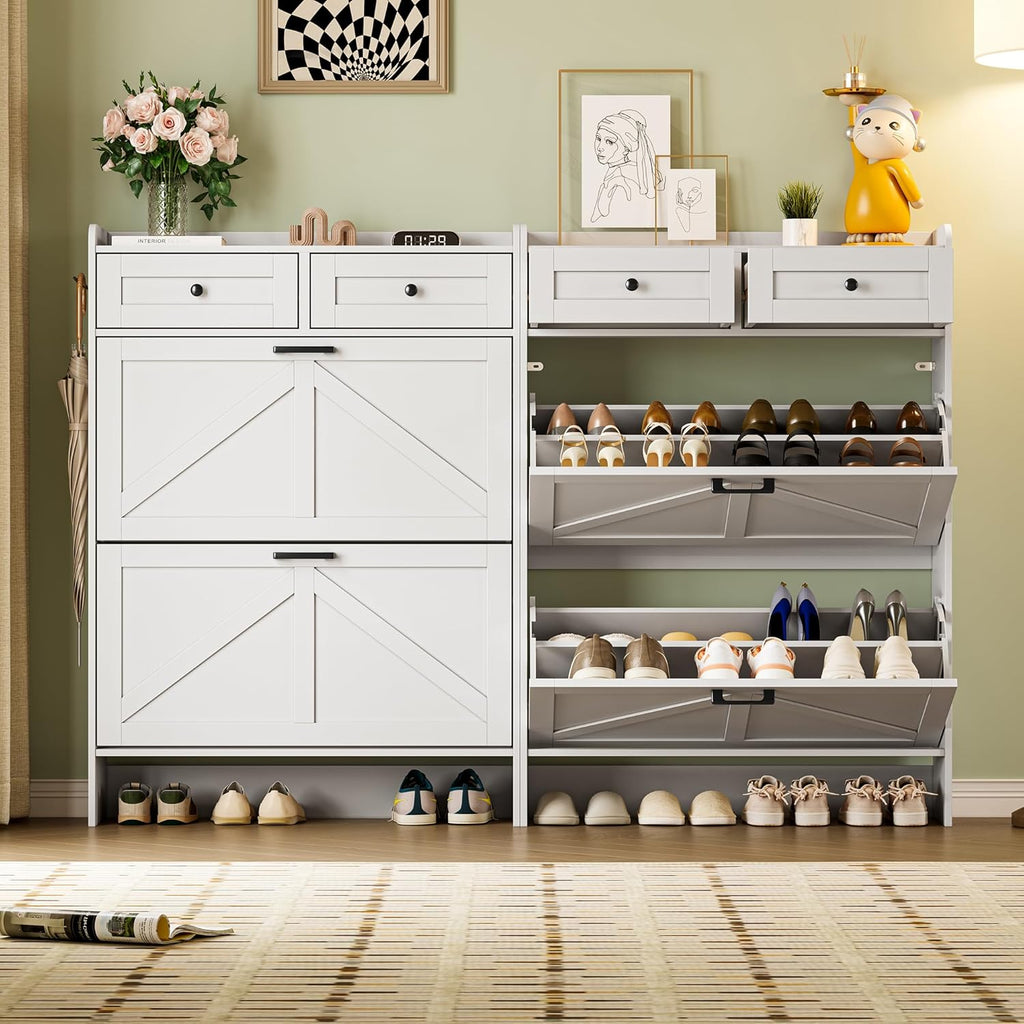 BORNOON Shoe Storage Cabinet for Entryway, Farmhouse Narrow Shoe Cabinet with 2 Flip Drawers & Top Drawers, Adjustable Shelves & Hooks, Freestanding Hidden Rack Organizer for Hallway, Foyer