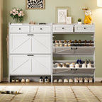 BORNOON Shoe Storage Cabinet for Entryway, Farmhouse Narrow Shoe Cabinet with 2 Flip Drawers & Top Drawers, Adjustable Shelves & Hooks, Freestanding Hidden Rack Organizer for Hallway, Foyer