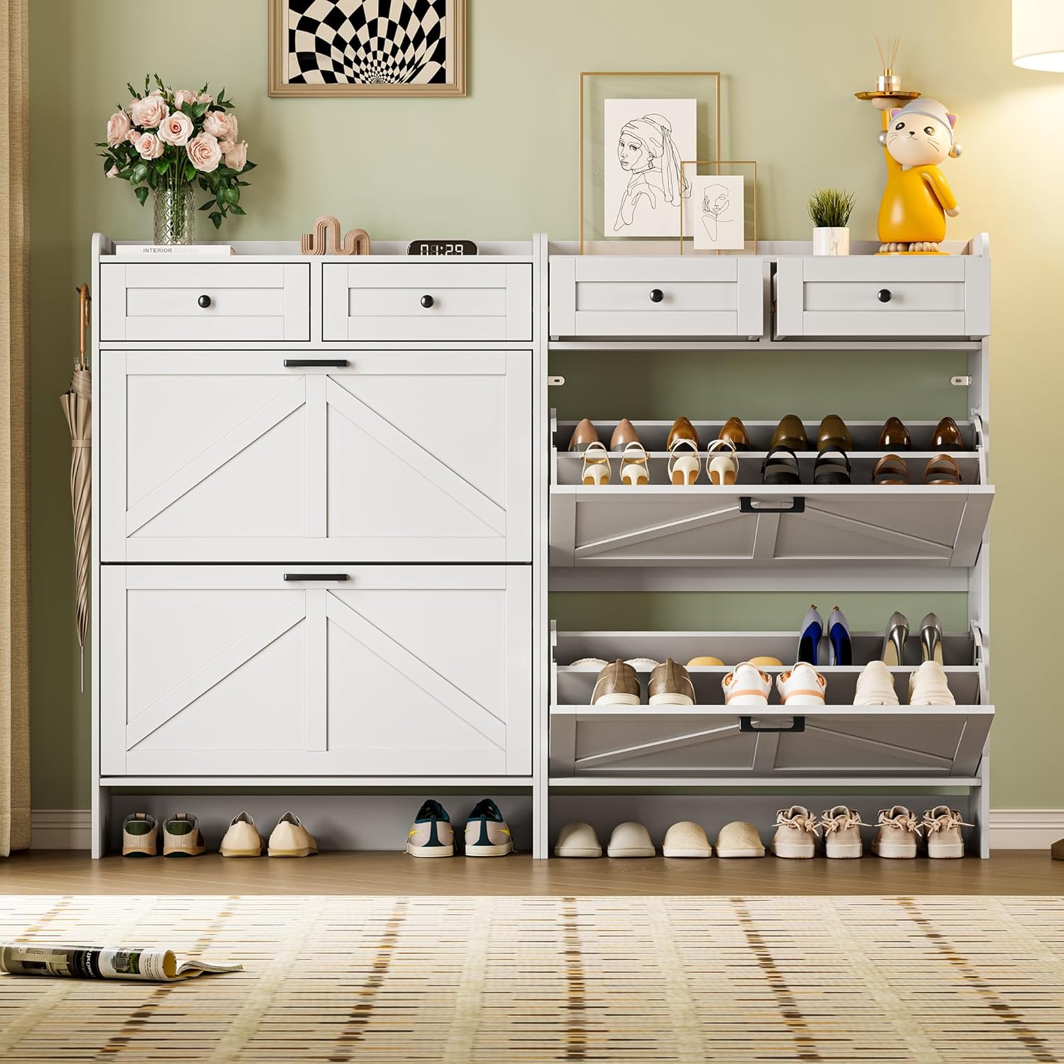 BORNOON Shoe Storage Cabinet for Entryway, Farmhouse Narrow Shoe Cabinet with 2 Flip Drawers & Top Drawers, Adjustable Shelves & Hooks, Freestanding Hidden Rack Organizer for Hallway, Foyer