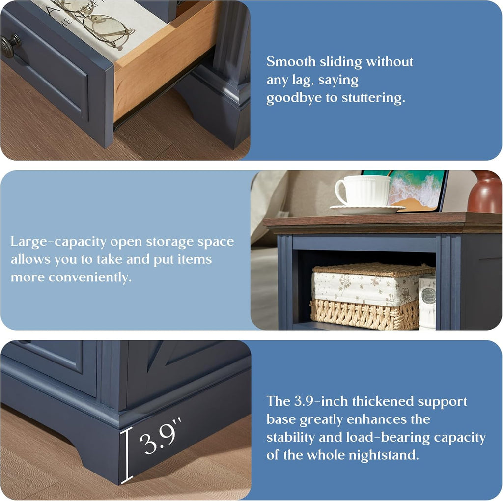 QUW Nightstand Set of 2 with Charging Station, Side Table with 2 Drawers and Open Storage, 18" Retro Bedside Table, End Table for Bedroom, Living Room, Blue