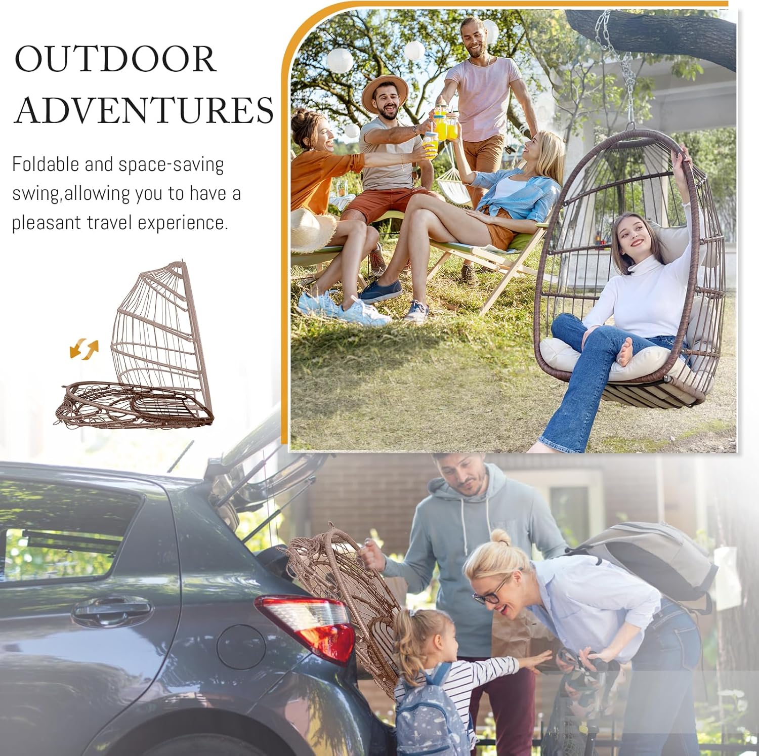 BULEXYARD Heavy-Duty Egg Swing Chair Without Stand, 350 Lbs Foldable Rattan Hanging Hammock with Cushion, All-Weather Basket Seat for Outdoor Patio Bedroom Pergola Tree or Ceiling Mount, Brown Tan