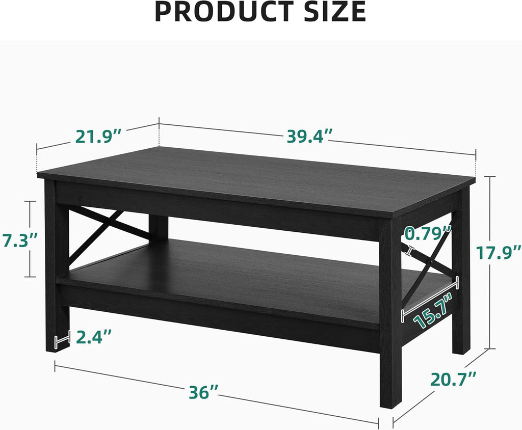 YITAHOME Coffee Table for Living Room, Modern Farmhouse Coffee Table with Storage, 2-Tier Center Table Wood Living Room Table Accent Cocktail with Sturdy Frame, Black