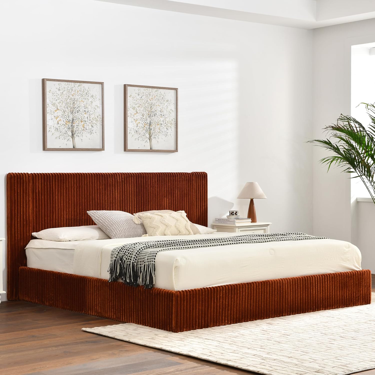 YUHUASHI King Size Storage Bed Frame, Vertical Striped headboard with Delicate Velvet Fabric, Hydraulic Lift for Storage, no Box Spring Needed, no Noise (OCHER, King (U.S. Standard))