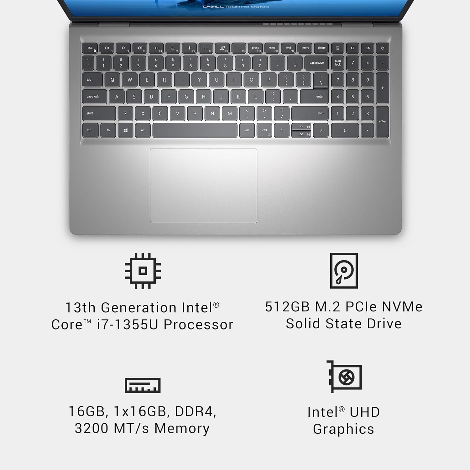 Dell 15 Laptop DC15250-15.6-inch FHD 120Hz Display  13th Gen Intel Core i7-1355U  16GB DDR4 RAM  512GB SSD  Intel UHD Graphics  Windows 11 Home  Onsite Service - Platinum Silver