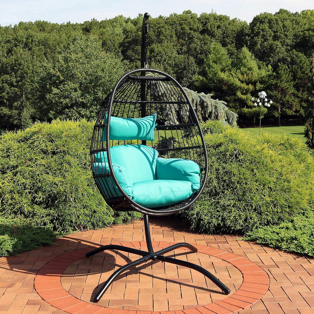 Sunnydaze Dalia Resin Wicker Hanging Egg Chair with - Teal Polyester Cushions and Powder-Coated Steel Stand - 81 Inches H