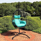 Sunnydaze Dalia Resin Wicker Hanging Egg Chair with - Teal Polyester Cushions and Powder-Coated Steel Stand - 81 Inches H