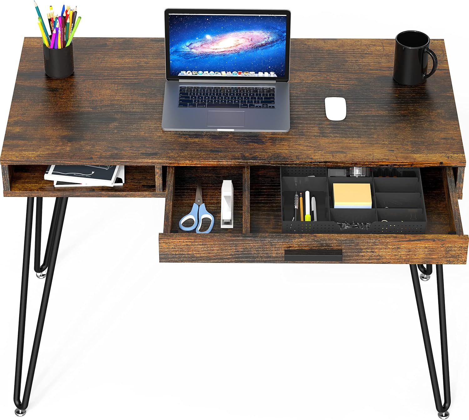 SHW Home Office Computer Hairpin Leg Desk with Drawer, Rustic Brown