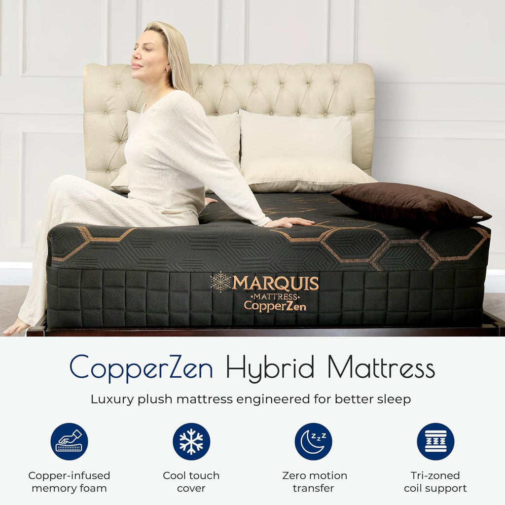 Marquis CopperZen Hybrid Plush Mattress – King Size Bed with Copper-Infused Cooling Cover & Tri-Zone Pocket Coils – CertiPUR-US Certified, Pressure Relief, 5-Year Warranty