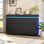 DICTAC Modern 6 Drawer Dresser with Sliding Desktop, Wide Chest of Drawers with Charging Station & LED Lights, Large Storage Tower Clothes Organizer, Black Dresser for Bedroom