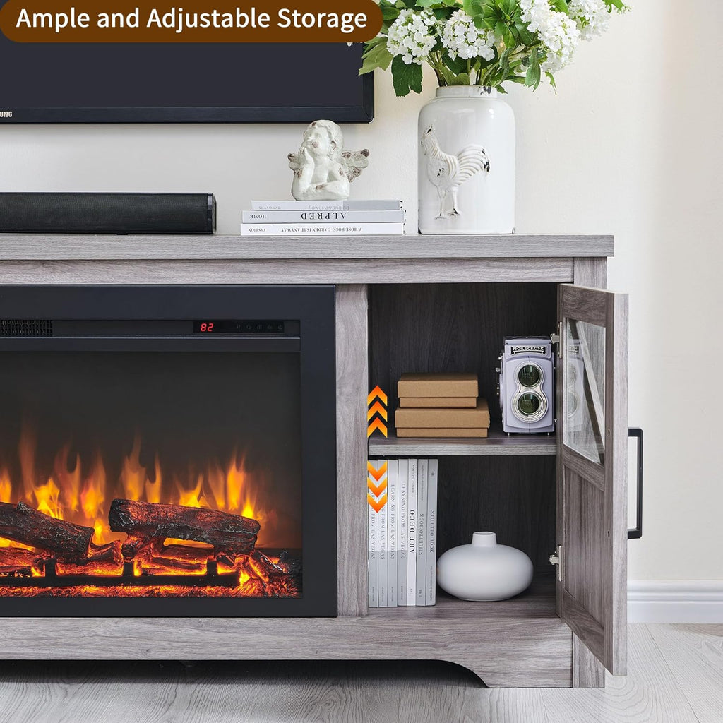 75" Farmhouse Fireplace TV Stand for TVs up to 85", Rustic Entertainment Center with 44" Fireplace Heater, Adjustable Storage Cabinets, Barn Door TV Console with Fireplace, Gray