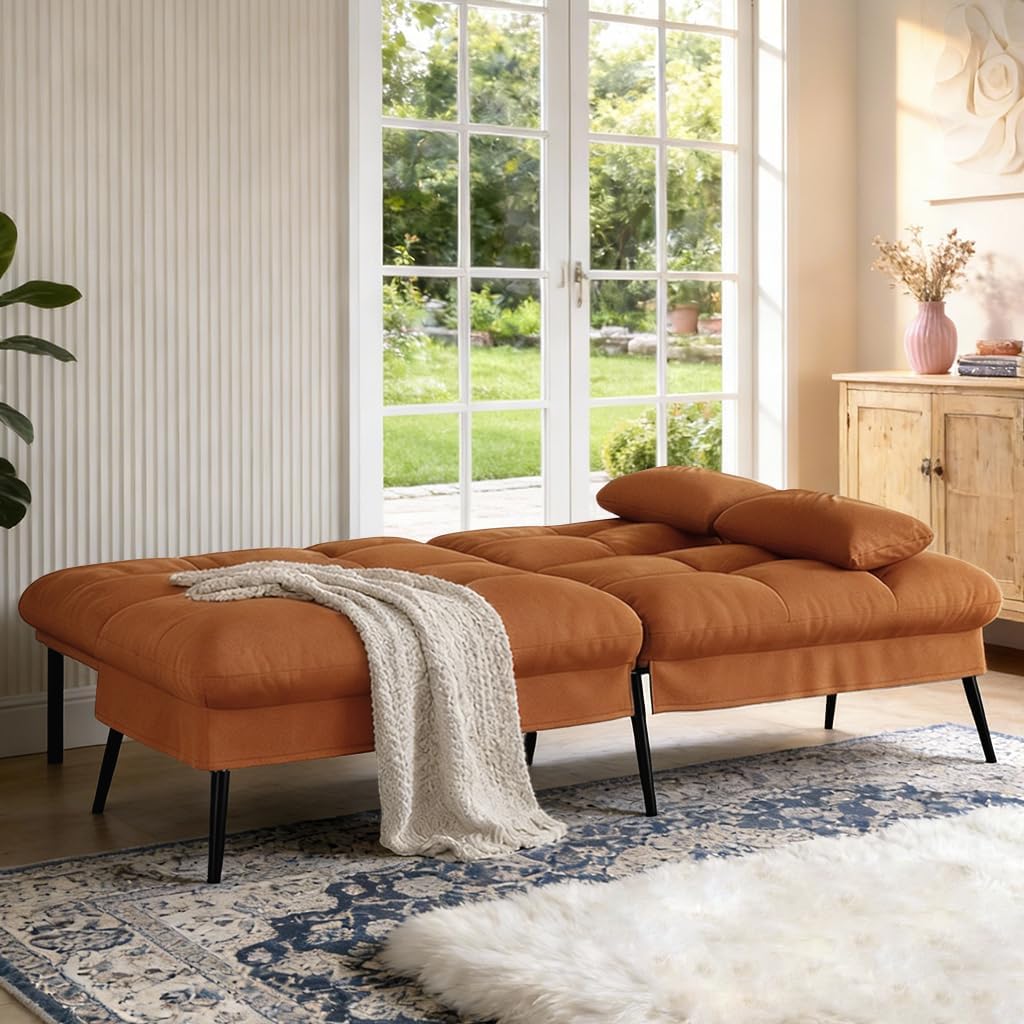COMHOMA 72″Futon Sofa Bed,Modern Convertible Sleeper Sofa, Fabric Futon Couch with Multi-Position Backrest for Living Room Furniture (Brown)