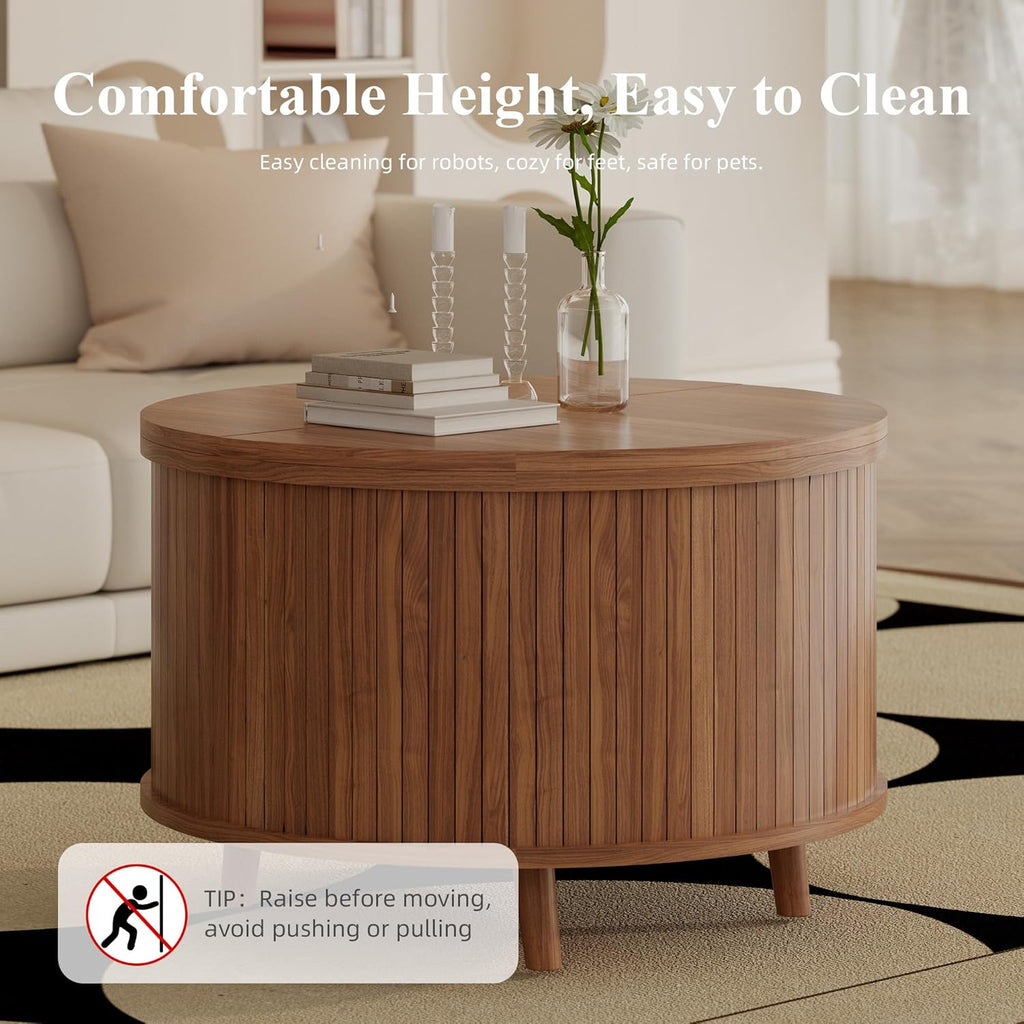 Easyego Fluted Round Coffee Table with Hidden Storage, 31.5" Mid-Century Modern Wood Drum Table for Living Room, Small Space Apartment Furniture, Walnut