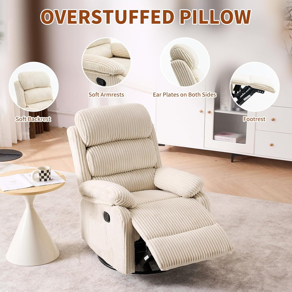 Adult 360° Rocking Recliner Chair .Nursery Rocker Reclining Chair with Side Pocket, a Comfy upholstered Single Sofa Armchair. Suitable for Living Room, Bedroom Nursing use, Velvet Fabric in Beige