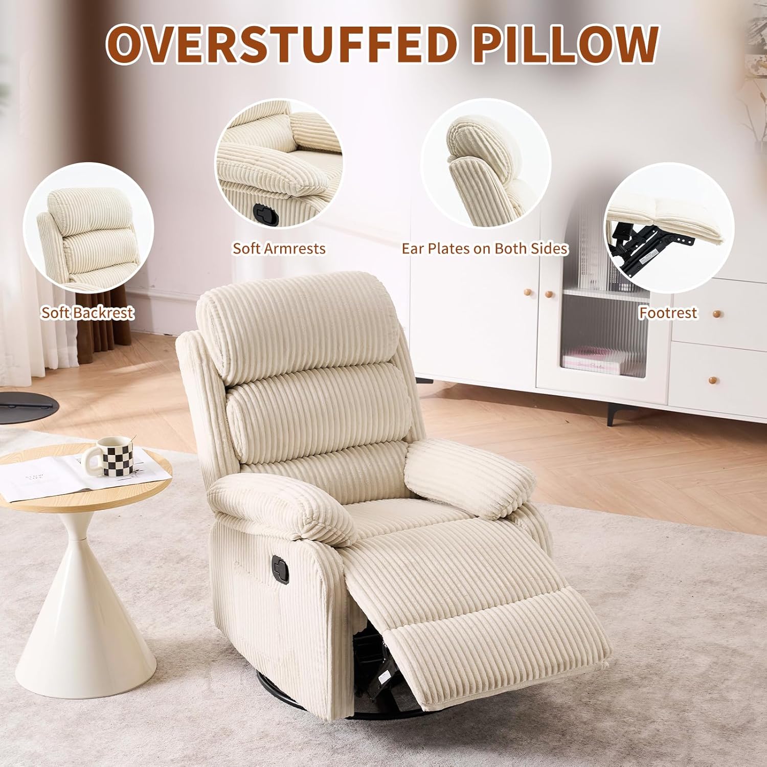 Adult 360° Rocking Recliner Chair .Nursery Rocker Reclining Chair with Side Pocket, a Comfy upholstered Single Sofa Armchair. Suitable for Living Room, Bedroom Nursing use, Velvet Fabric in Beige