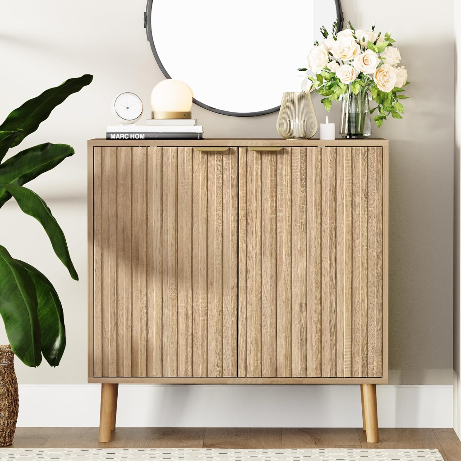 Vrullu Fluted Storage Cabinet, Free Standing Buffet, Wood Sideboard, Multifunctional Accent Storage for Living Room, Hallway, Entryway, Dining Room (1, Oak)