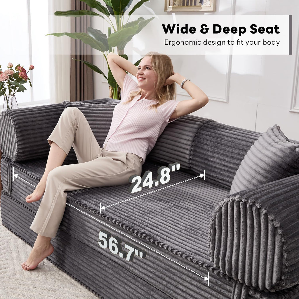 Tbfit Boneless Sofa Bed, Corduroy Compress Couch with Wide Armrests & 2 Pillows, Deep Seat Couches for Living Room, Gray