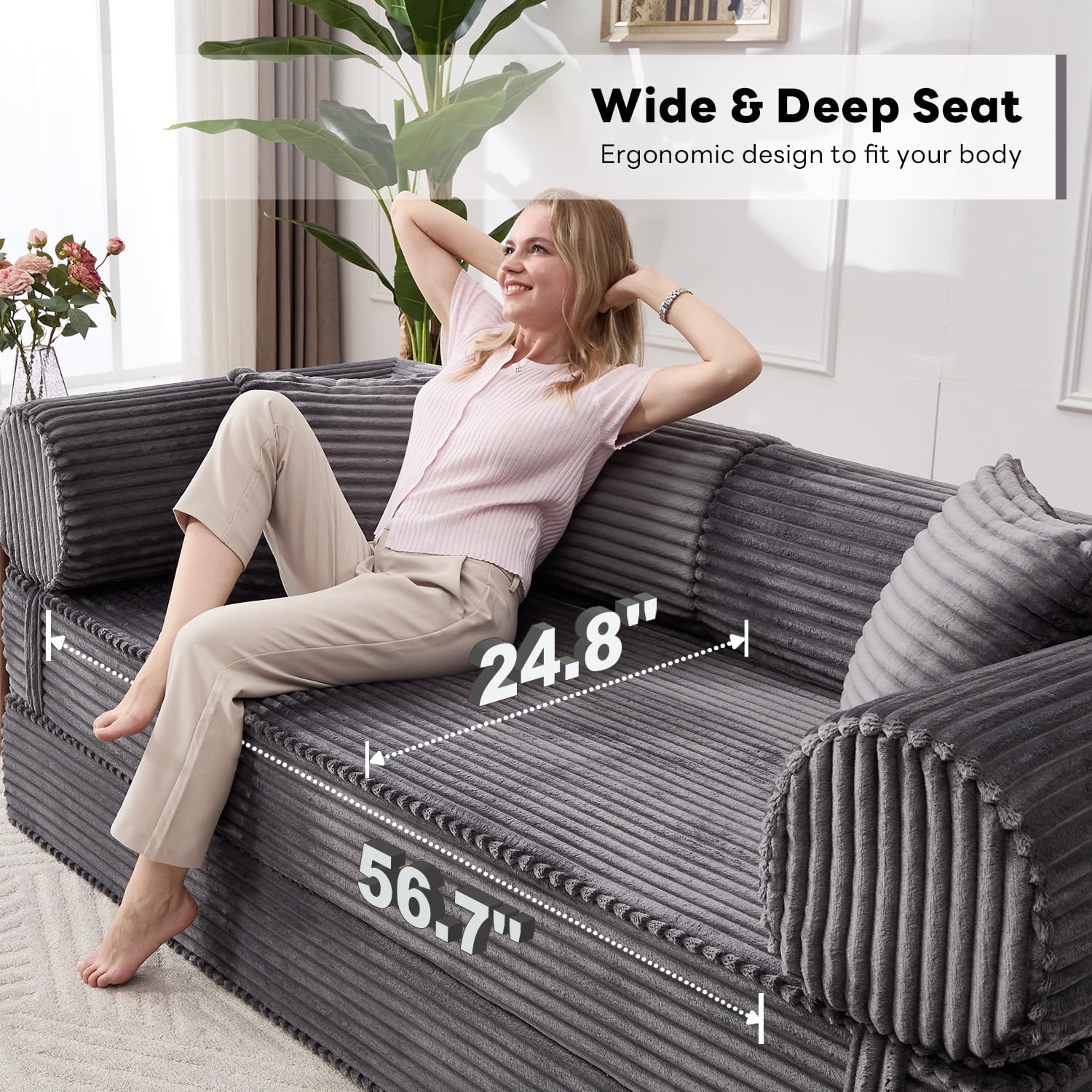 Tbfit Boneless Sofa Bed, Corduroy Compress Couch with Wide Armrests & 2 Pillows, Deep Seat Couches for Living Room, Gray