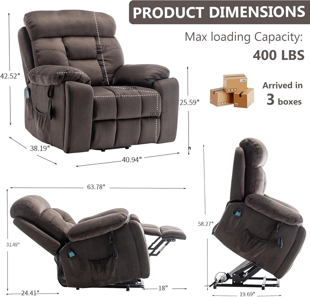 Oversized Power Recliner Chair for Elderly, Big and Tall Electric Lift Recliners with Massage and Heat, Overstuffed Wide Large Living Room Reclining Sofa, Hidden Cup Holder, Velnet Dark Brown