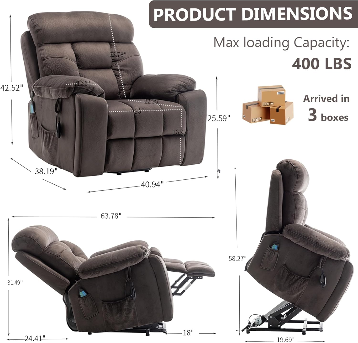 Oversized Power Recliner Chair for Elderly, Big and Tall Electric Lift Recliners with Massage and Heat, Overstuffed Wide Large Living Room Reclining Sofa, Hidden Cup Holder, Velnet Dark Brown