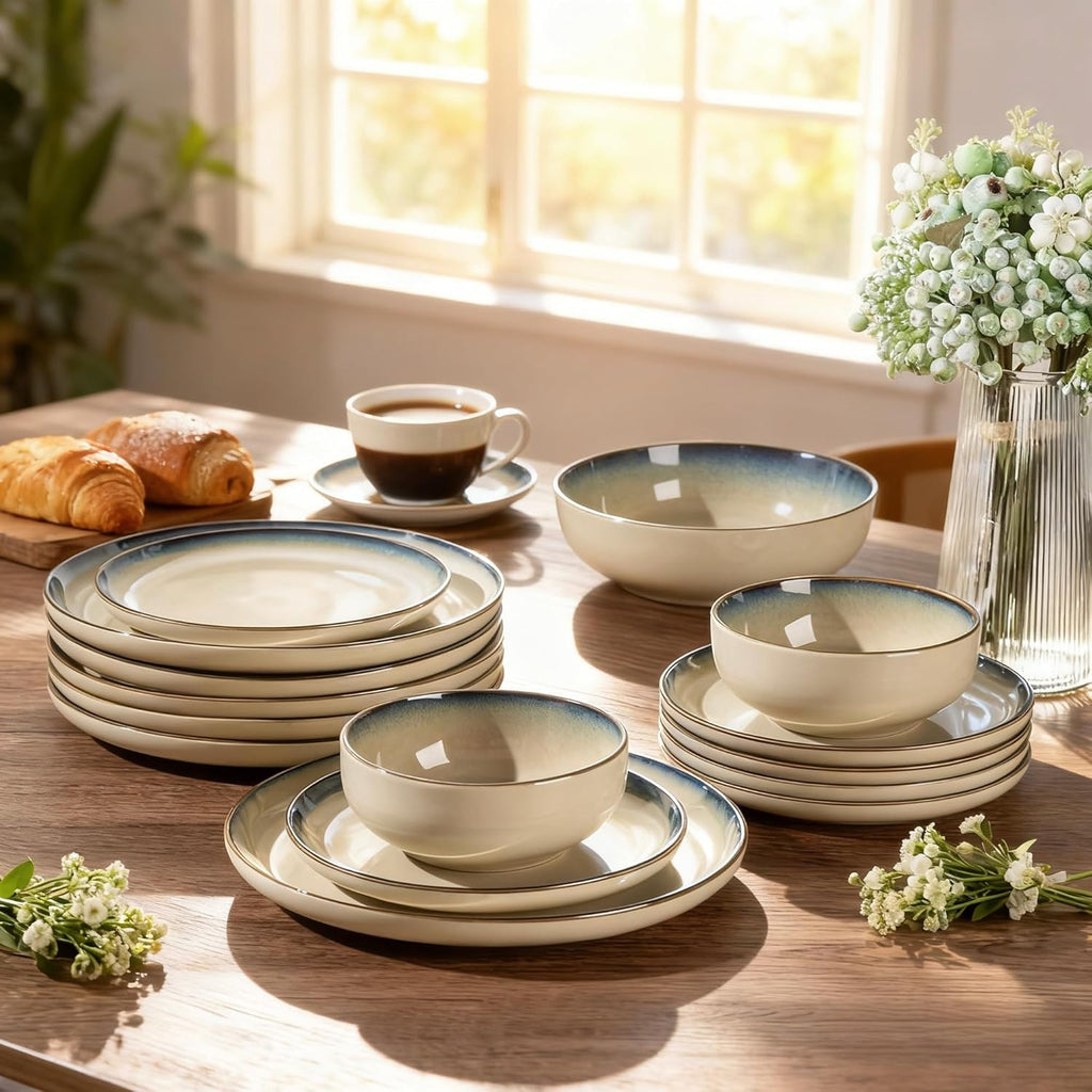 GBHOME Ceramic Dinnerware Sets for 4, 12 Pieces Stoneware Plates and Bowls Sets, Scratch Resistant Dishes, Dishwasher & Microwave Safe, Reactive Glaze-Gravel