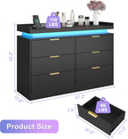 6 Drawer Dresser for Bedroom, Black Dresser with LED Lights and Power Outlet, Wooden Dressers Chests of Drawers, Double Wide Dressers for Bedroom, Entryway, Hallway