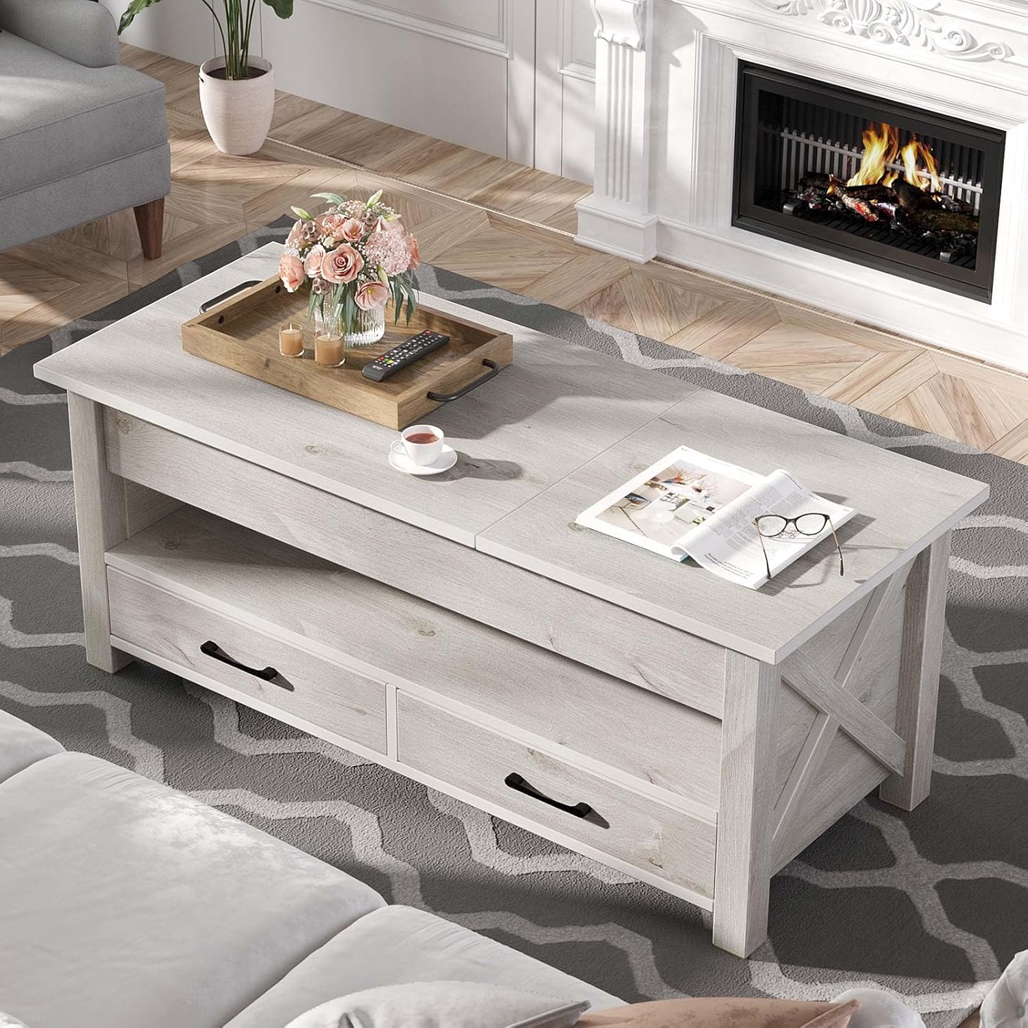 Seventable Coffee Table, 47.2" Lift Top Coffee Table with 2 Storage Drawers and Hidden Compartment, Retro Center Table with Wooden Lift Tabletop for Living Room, Gray