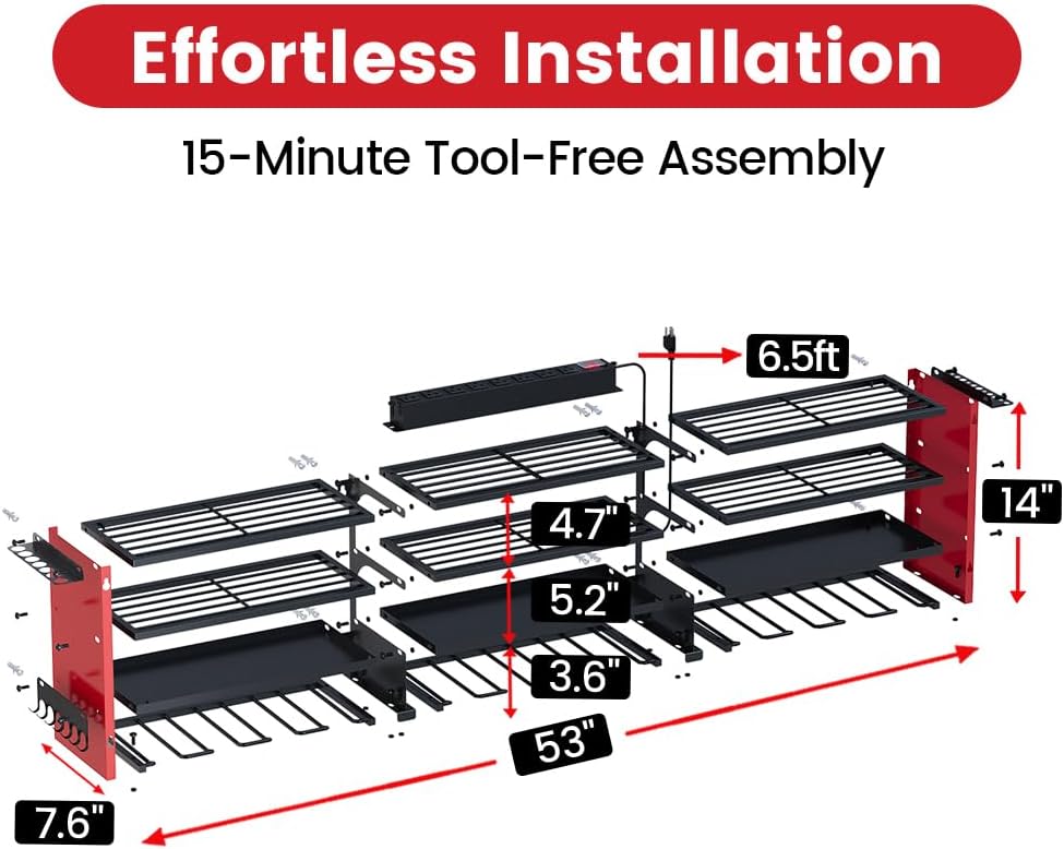 53" Power Tool Organizer Wall Mount with Power Strip, Heavy Duty Metal Tool Shelf, 400lbs Capacity for Cordless Drills, Batteries & Garage Storage (12 Slots with 8 Outlets Power Strip)