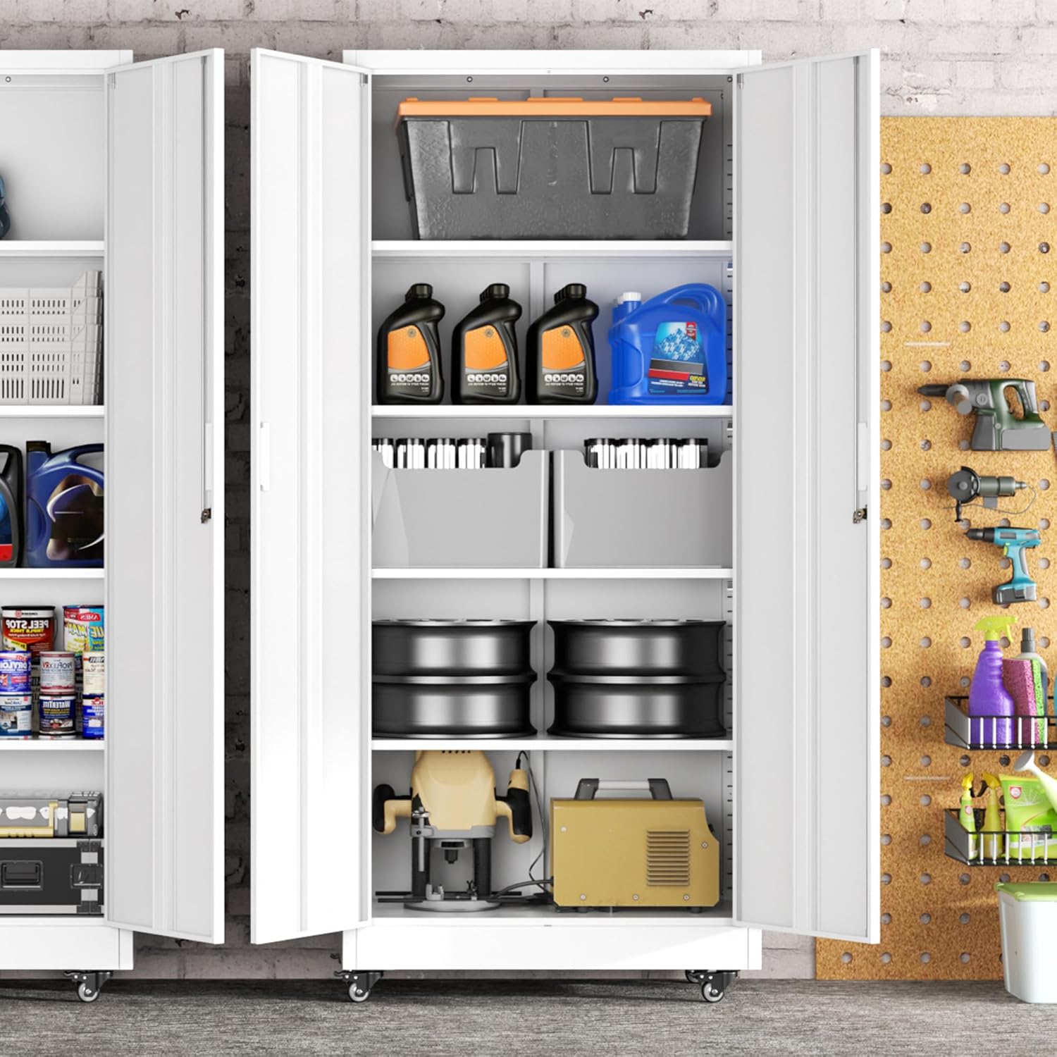 Greenvelly 73" Storage Cabinet with Wheels,Metal Rolling Garage Cabinet with Locking Doors and 4 Adjustable Shelves for Home,Kitchen,Office,Warehouse(32" W x 16" D, White)