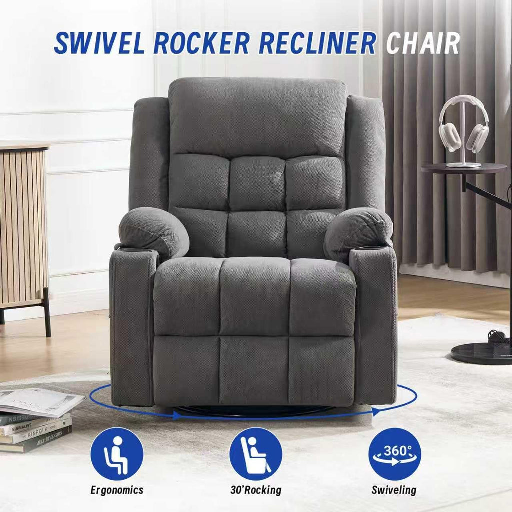 Swivel Recliner Chair for Adults with Massage and Heating,Manual Glider Rocking Recliner Chair with Cup Holds and Pockets,Reclining Rocker Chairs for Living Room Bedroom R8811 (Darkgrey)