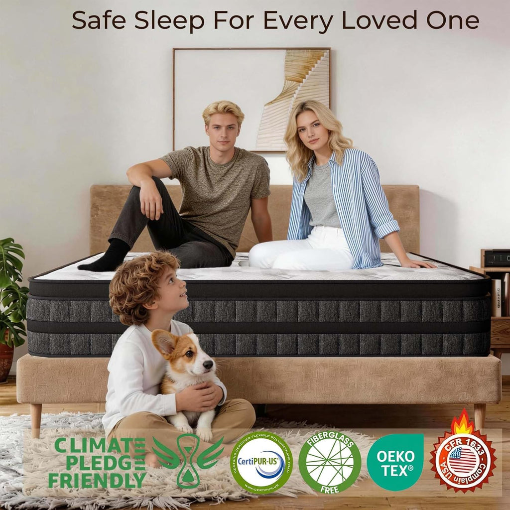 Queen Mattress 14 Inch Mattress Hybrid with Memory Foam & Pocket Springs for Motion Isolation, Breathable & Cooling Comfort, Medium Firm Support, Fiberglass Free, 365-Night Trial