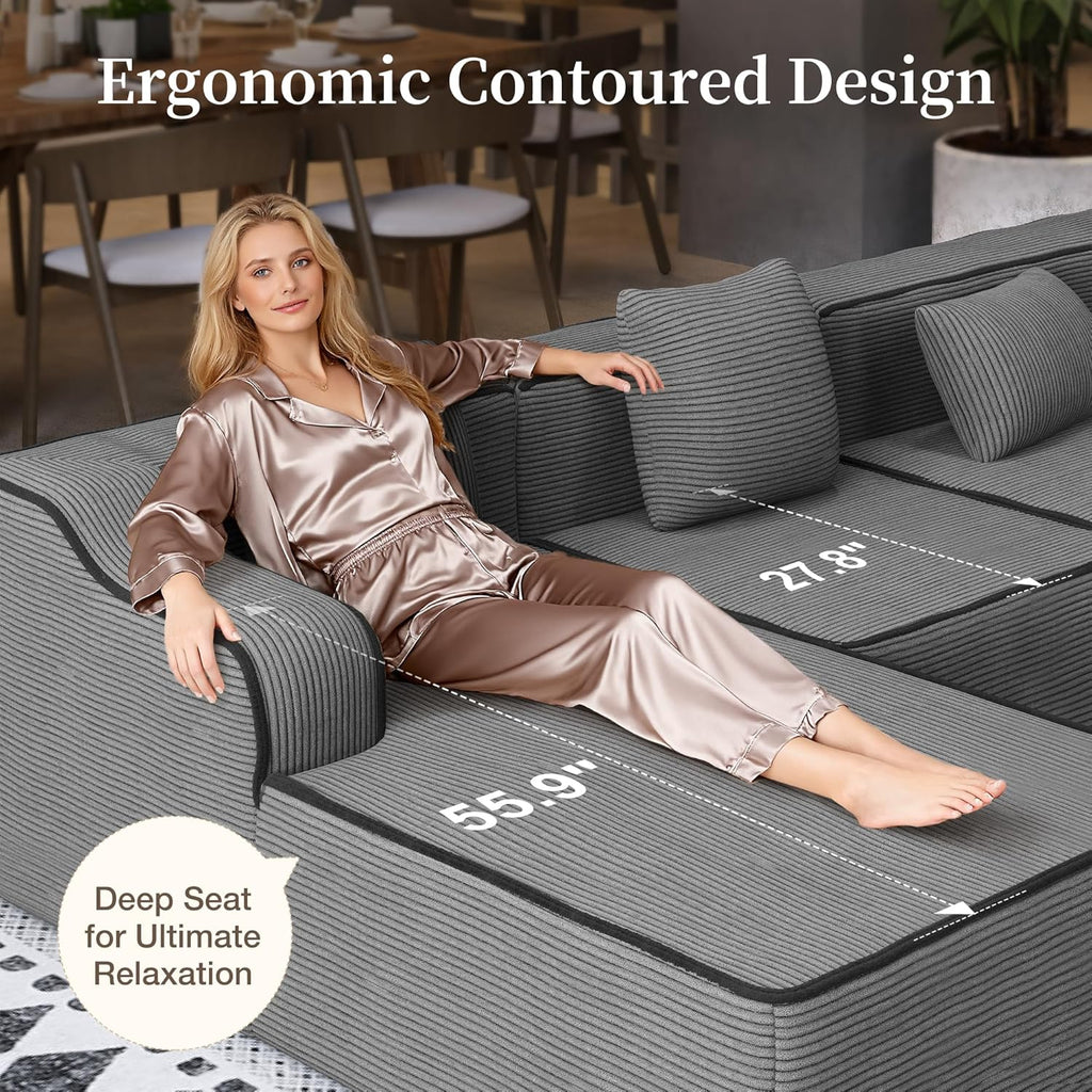 Cloud Sectional Couch for Living Room, 104'' L-Shaped Modular Sofa with Chaise, Modern Corduroy Boneless Couch with Deep Seat, No Assembly Required, Grey