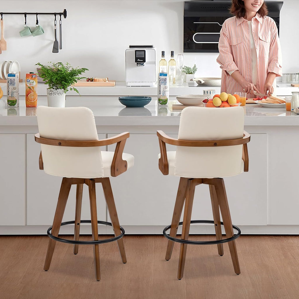 26” Counter Height Bar Stools,Leather Upholstered Bar Chair, Swivel Bar Stools with Back and Arms .Modern Beige Barstool Set of 2 for Kitchen Island