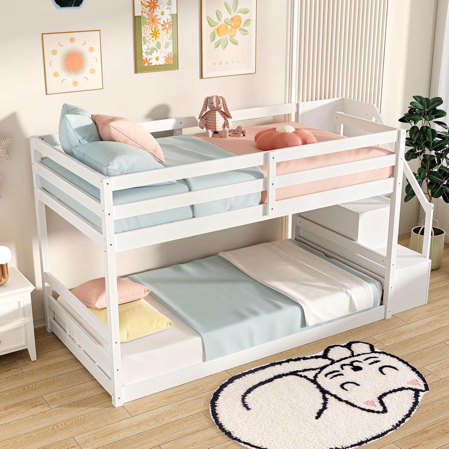 Giantex Twin Over Twin Bunk Bed with Stairs, Solid Wood Floor Bunk Bed with Storage Staircase & Full-Length Guardrails, Low Bunk Bed with for Kids, Teens, Adults, Dorm, Small Space, White