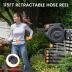 Giraffe Tools AW505/8 Retractable Garden Hose Reel 5/8" x 115+5 ft  Heavy Duty Wall Mounted Water Hose Reel Automatic Rewind  180 Deg Swivel Bracket  Slow Retraction  115ft  Dark Grey