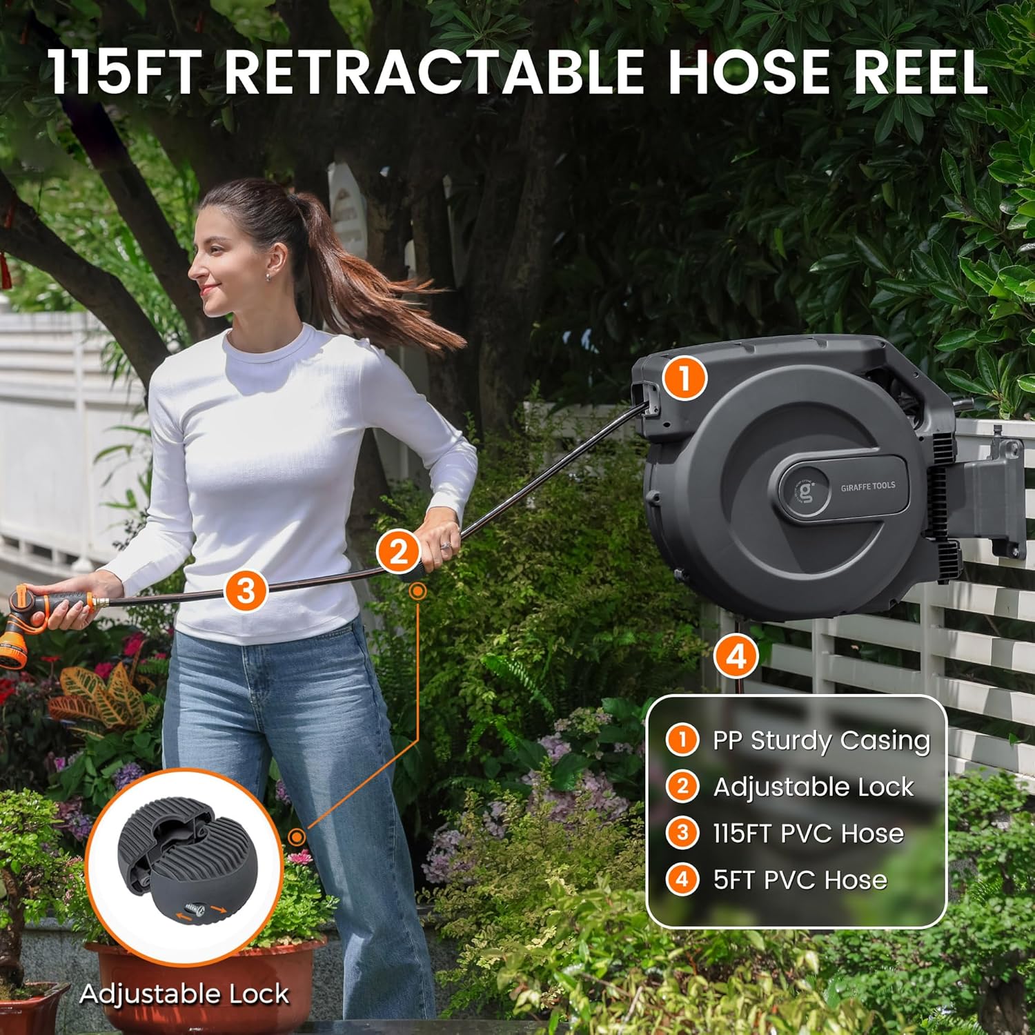 Giraffe Tools AW505/8 Retractable Garden Hose Reel 5/8" x 115+5 ft  Heavy Duty Wall Mounted Water Hose Reel Automatic Rewind  180 Deg Swivel Bracket  Slow Retraction  115ft  Dark Grey