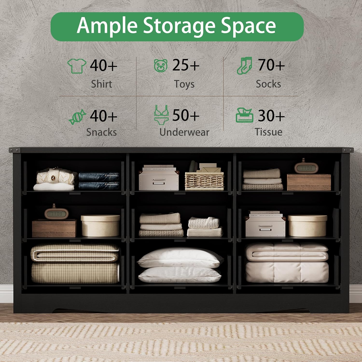 Dresser for Bedroom with 9 Drawers, 59" Wide Modern Chest of Drawers with Deep Drawers & Mental Handle, Wood Dresser TV Stand, Wooden Closet Storage Organizer for Living Room, Hallway, Entryway, Black