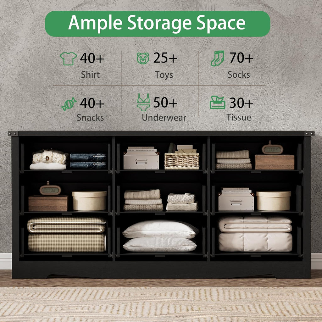 Dresser for Bedroom with 9 Drawers, 59" Wide Modern Chest of Drawers with Deep Drawers & Mental Handle, Wood Dresser TV Stand, Wooden Closet Storage Organizer for Living Room, Hallway, Entryway, Black