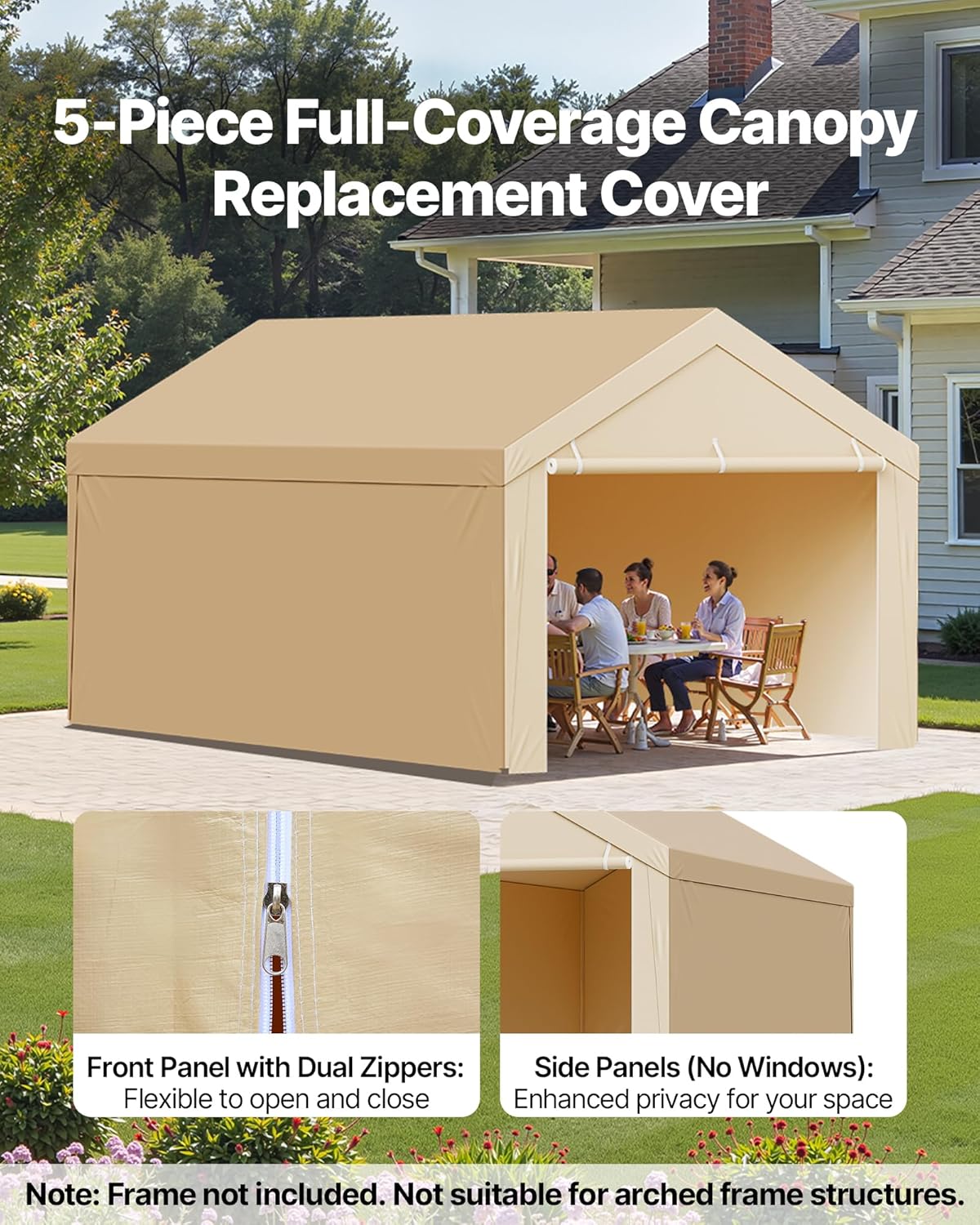 VEVOR Carport Replacement Canopy Cover, 10 x 20 ft Potable Garage Tent Top Tarp with Sidewalls, UV-Resistant & Waterproof, Heavy Duty Car Shelter Tarp with Ball Buggees, Beige, Frame Not Included