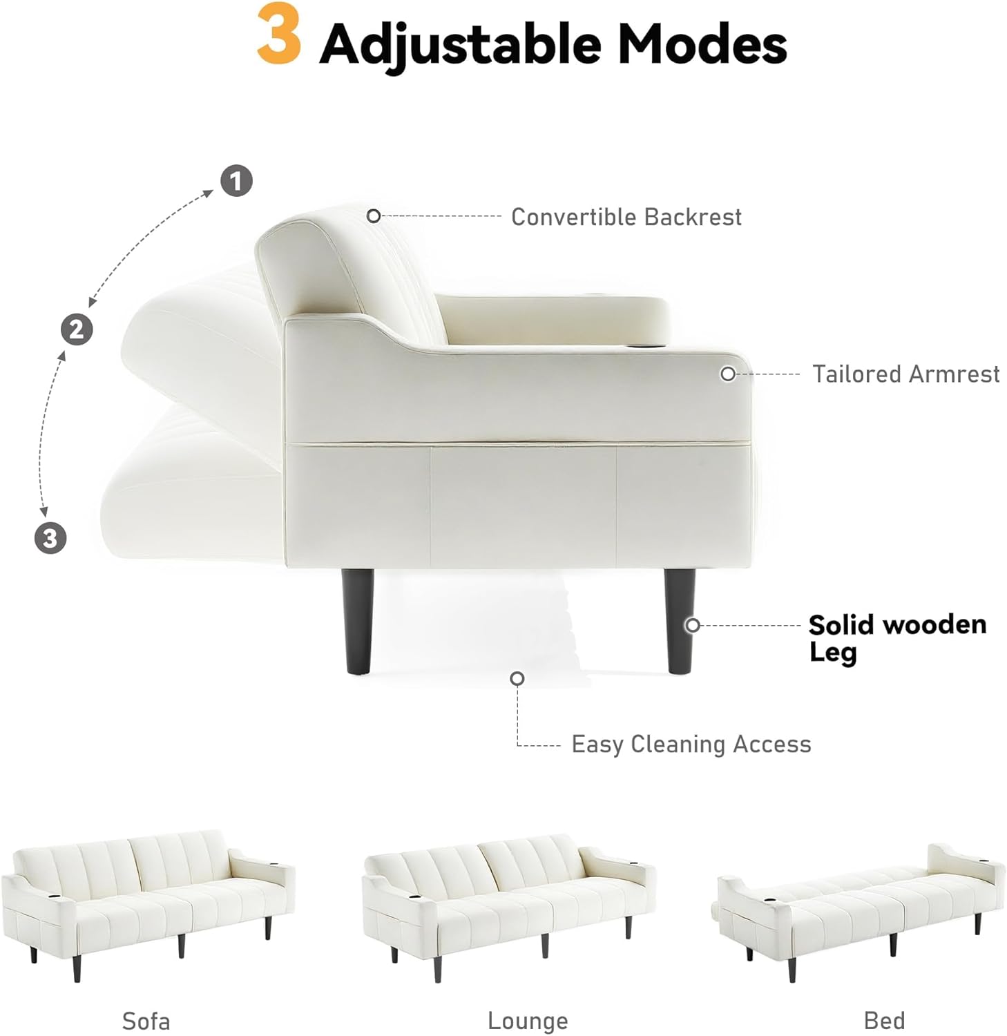 Brelice 80'' Leather Couch, Futon Sofa Bed, Faux Leather Couch with Adjustable Backrest, 2 Cup Holders & Side Pockets, Mid Century Modern Sofa for Living Room, Bedroom, Cream White