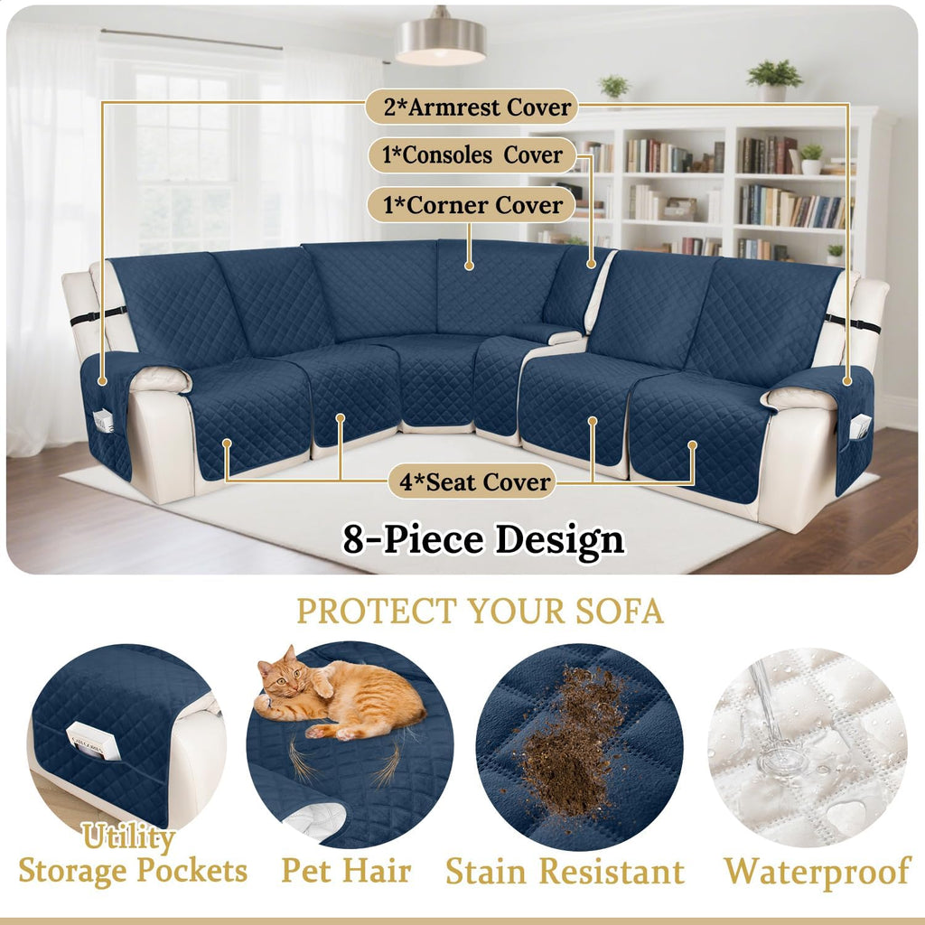 HDCAXKJ 100% Waterproof Velvet Recliner Sectional Couch Covers L Shaped Corner Reclining Sofa Cover Washable Thick Non Slip Sectional Slipcover with Pockets (5 Seat and 1 Middle Console, Dark Blue)