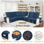 HDCAXKJ 100% Waterproof Velvet Recliner Sectional Couch Covers L Shaped Corner Reclining Sofa Cover Washable Thick Non Slip Sectional Slipcover with Pockets (5 Seat and 1 Middle Console, Dark Blue)