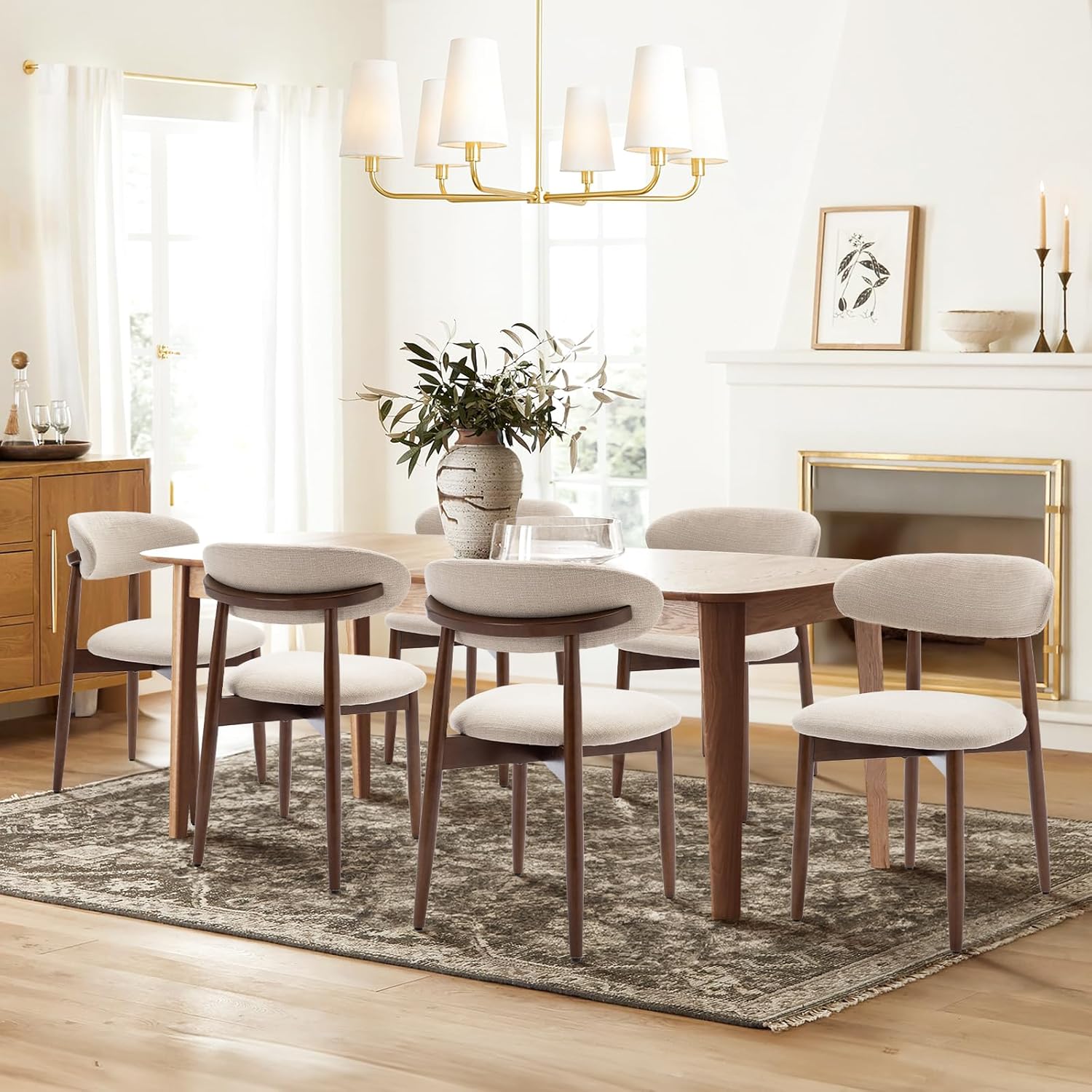 COLAMY Wooden Dining Chairs Set of 4, Modern Fabric Upholstered Kitchen Side Chairs, Farmhouse Dining Room Chair with Foot Pegs, Beige